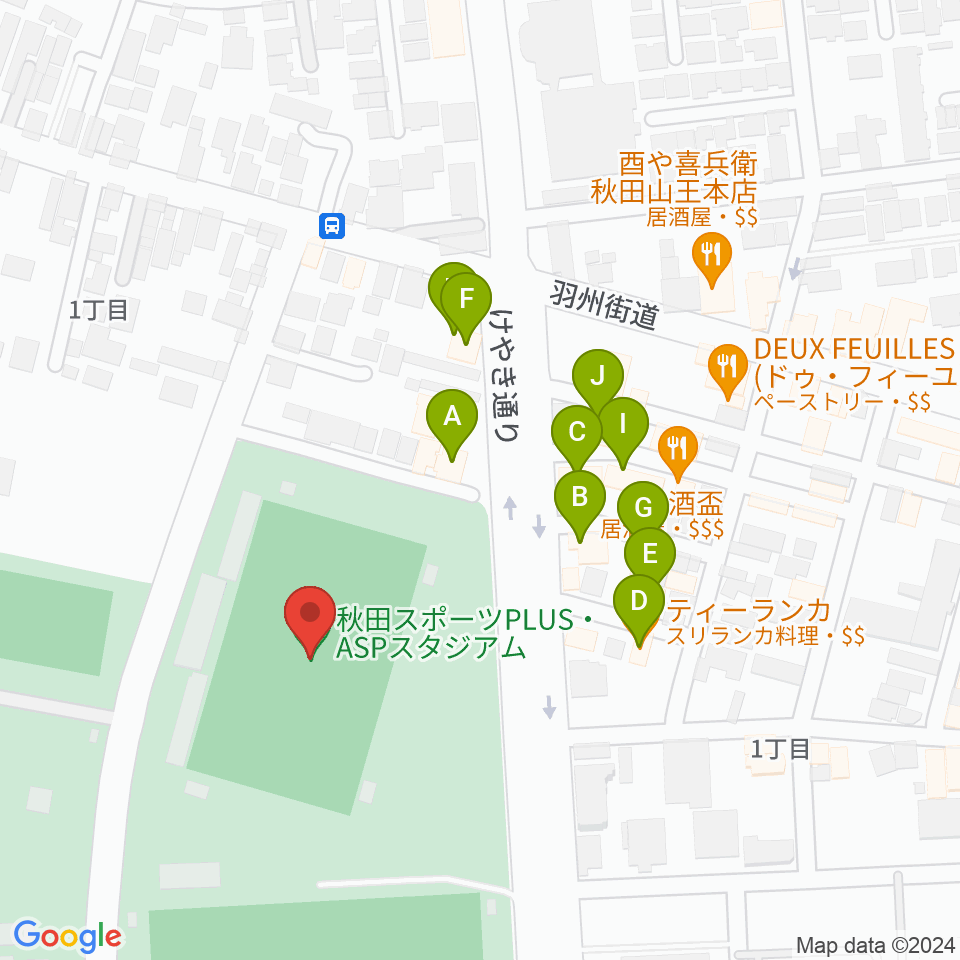 秋田スポーツPLUS・ASPスタジアム周辺のファミレス・ファーストフード一覧地図