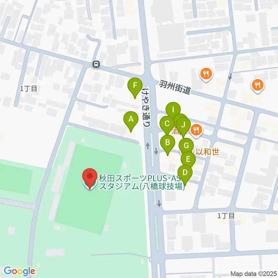 秋田スポーツPLUS・ASPスタジアム周辺のファミレス・ファーストフード一覧地図