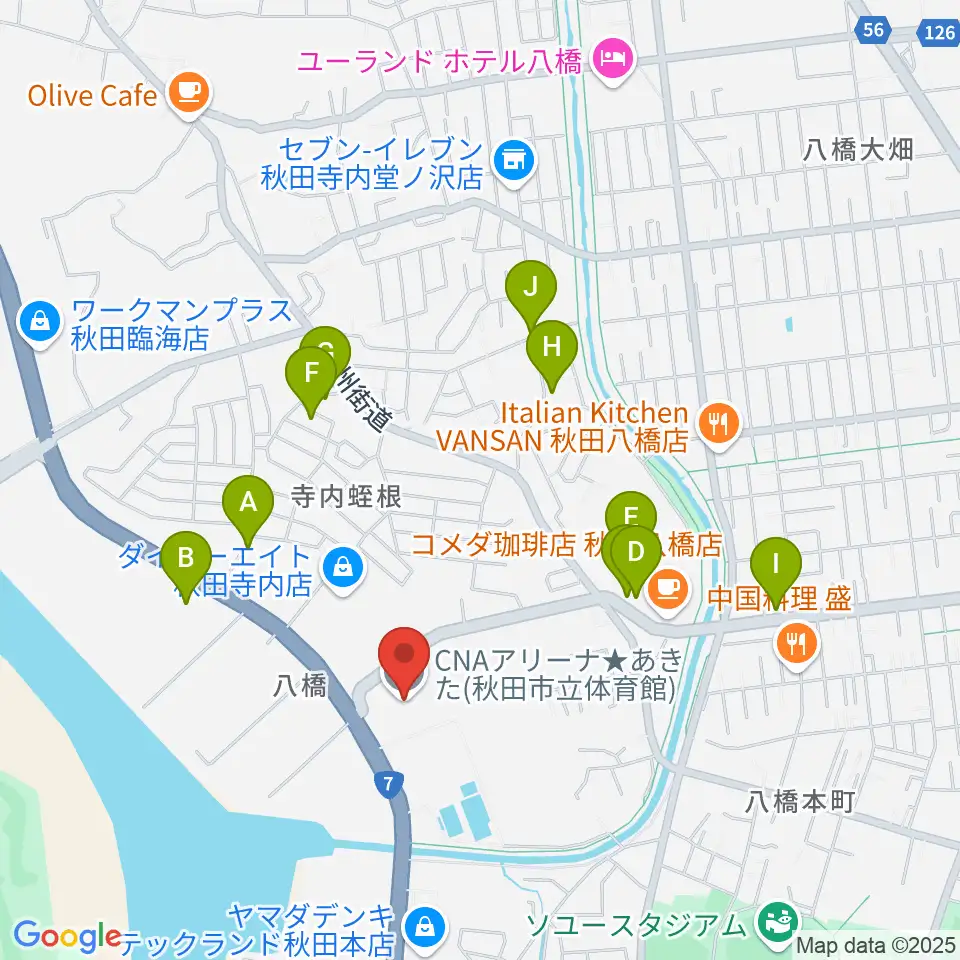 CNAアリーナ★あきた周辺のファミレス・ファーストフード一覧地図