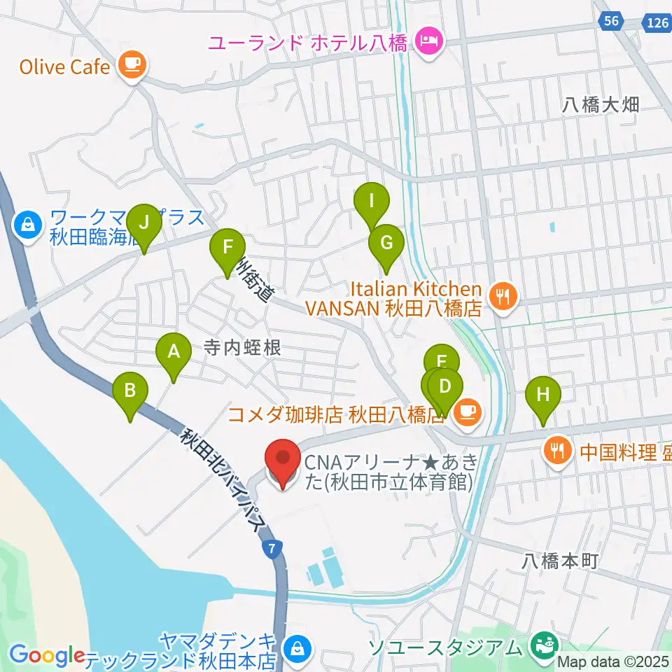CNAアリーナ★あきた周辺のファミレス・ファーストフード一覧地図