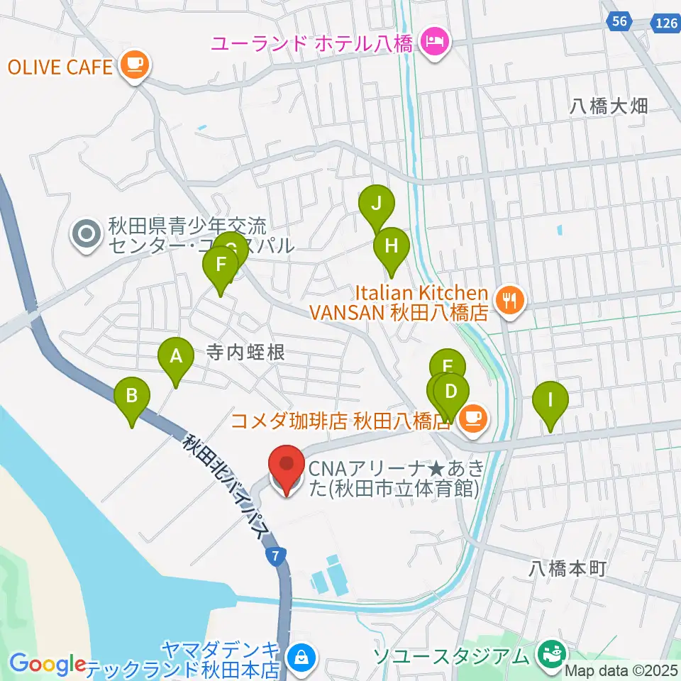 CNAアリーナ★あきた周辺のファミレス・ファーストフード一覧地図