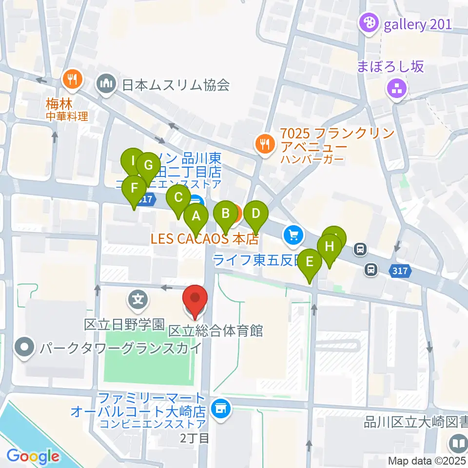 品川区立総合体育館周辺のファミレス・ファーストフード一覧地図