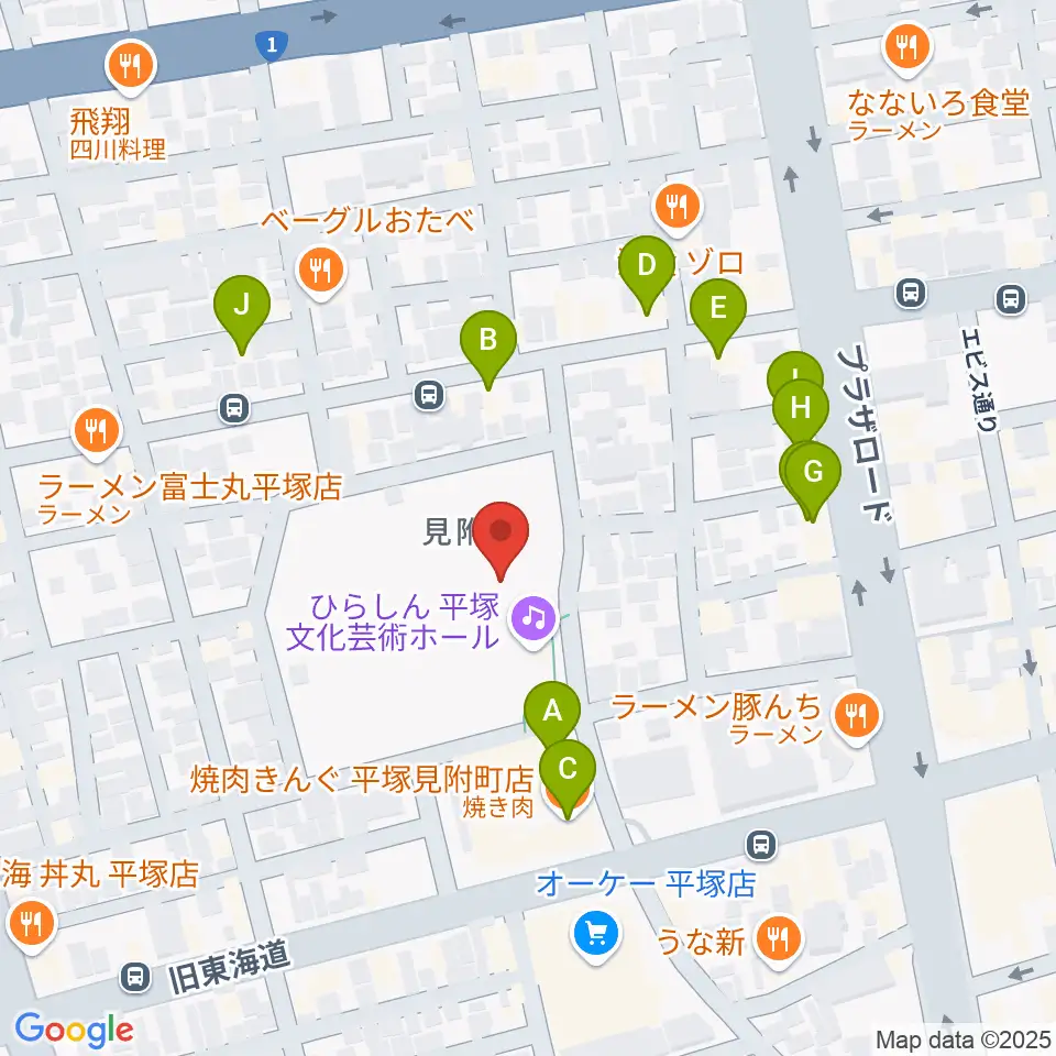 ひらしん平塚文化芸術ホール周辺のファミレス・ファーストフード一覧地図
