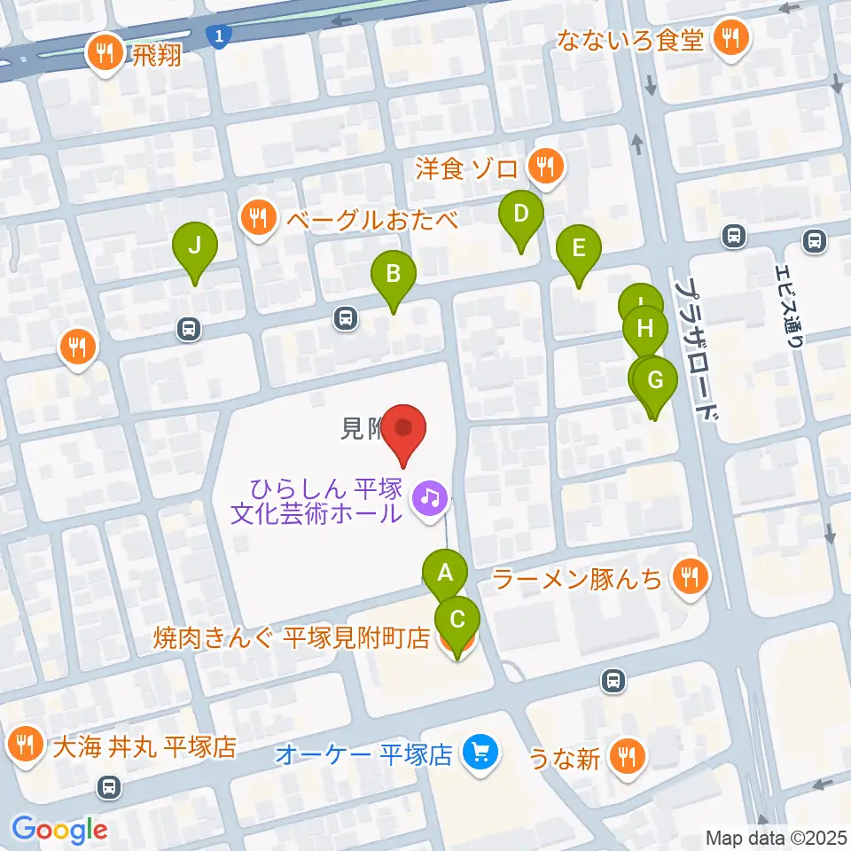 ひらしん平塚文化芸術ホール周辺のファミレス・ファーストフード一覧地図