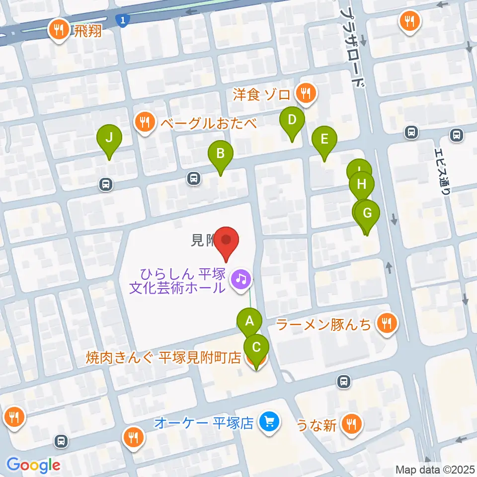 ひらしん平塚文化芸術ホール周辺のファミレス・ファーストフード一覧地図