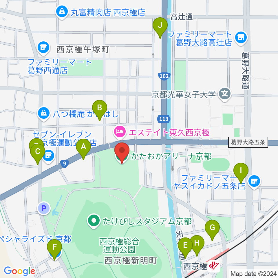 かたおかアリーナ京都周辺のファミレス・ファーストフード一覧地図