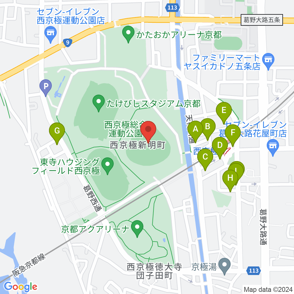 わかさスタジアム京都周辺のファミレス・ファーストフード一覧地図