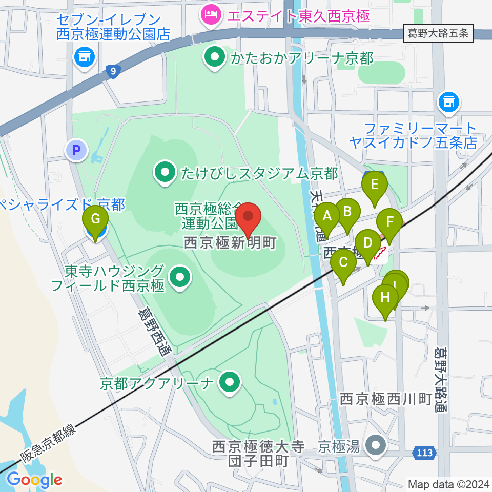 わかさスタジアム京都周辺のファミレス・ファーストフード一覧地図