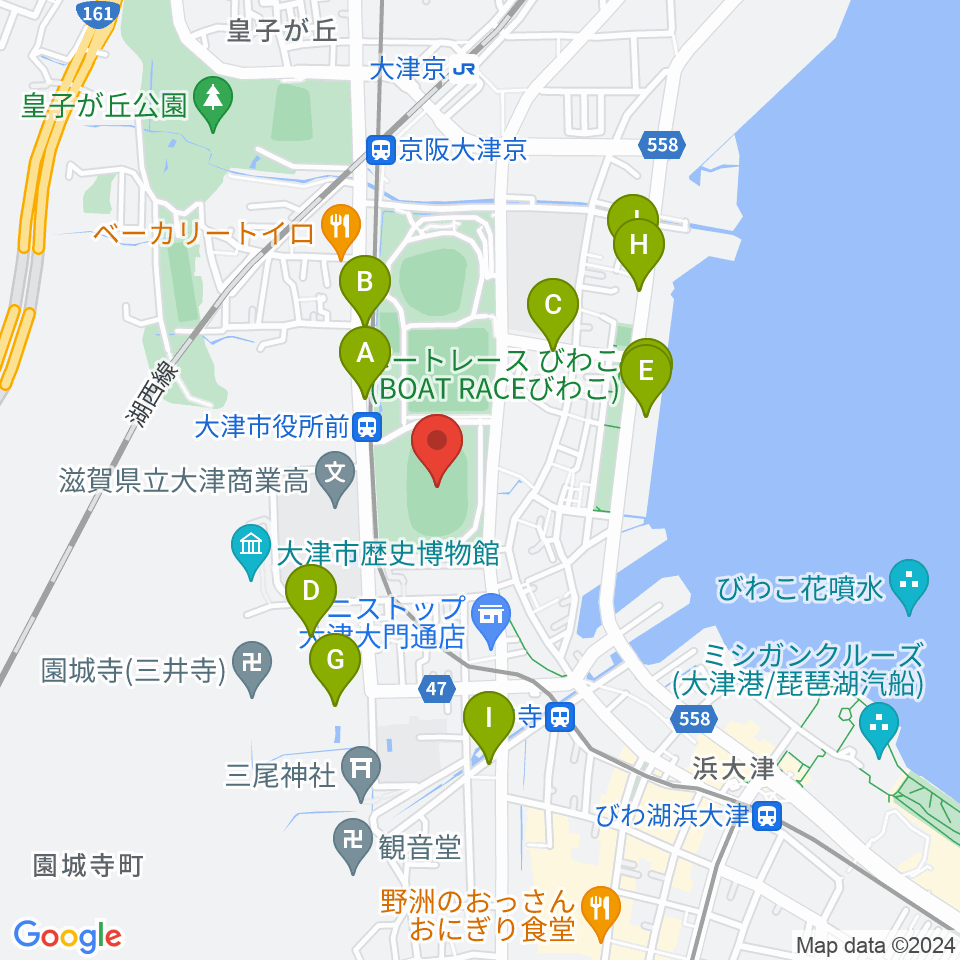 皇子山陸上競技場周辺のファミレス・ファーストフード一覧地図