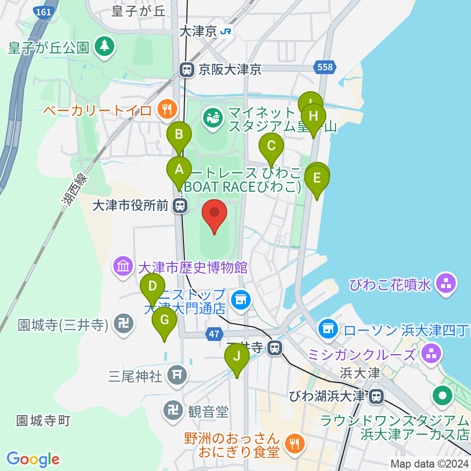 皇子山陸上競技場周辺のファミレス・ファーストフード一覧地図