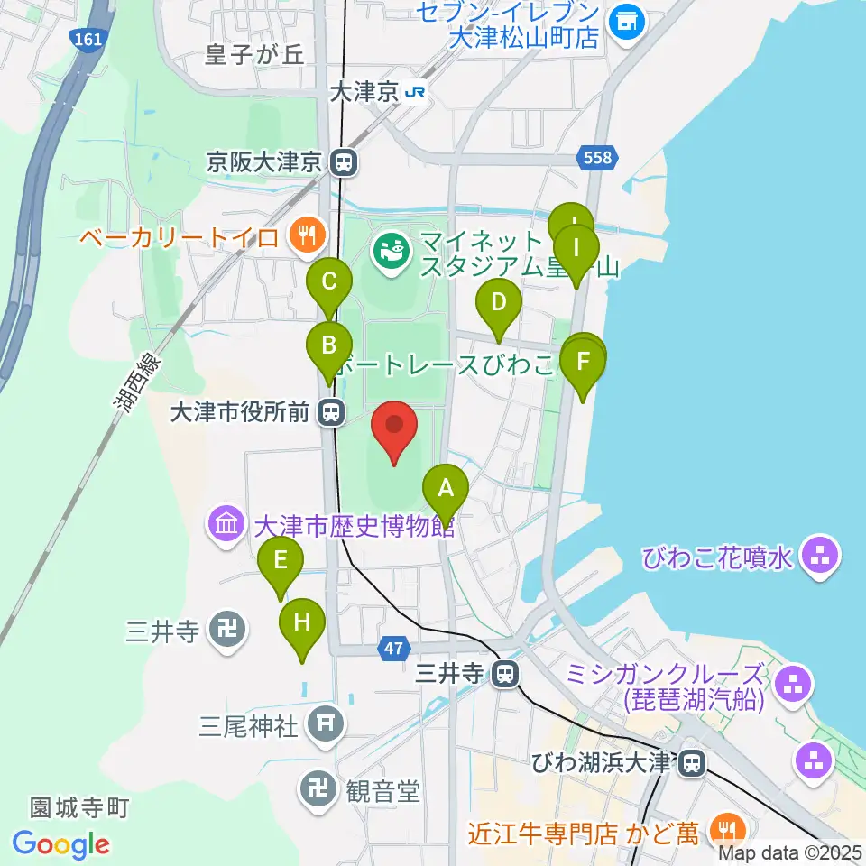 皇子山陸上競技場周辺のファミレス・ファーストフード一覧地図