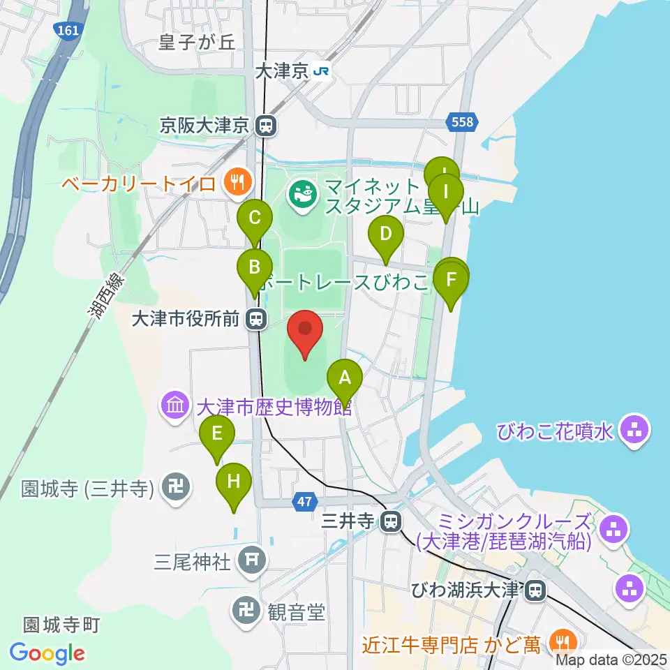 皇子山陸上競技場周辺のファミレス・ファーストフード一覧地図