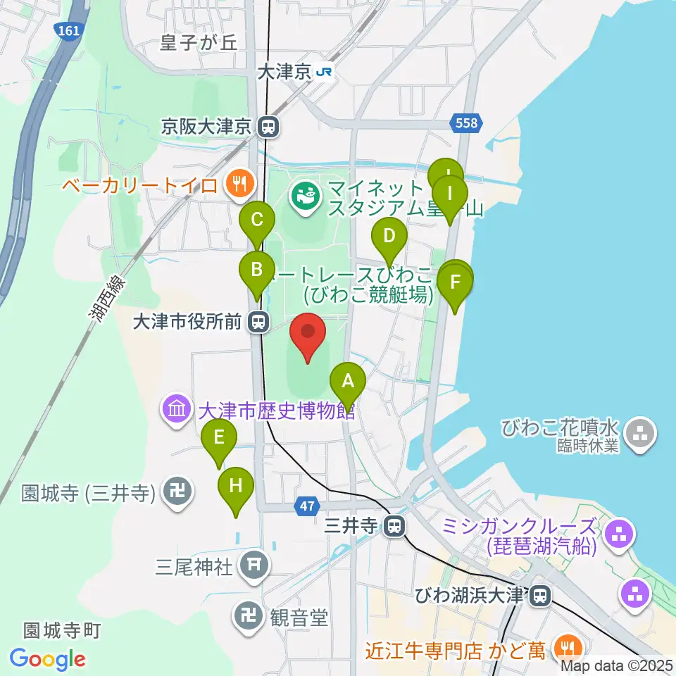 皇子山陸上競技場周辺のファミレス・ファーストフード一覧地図