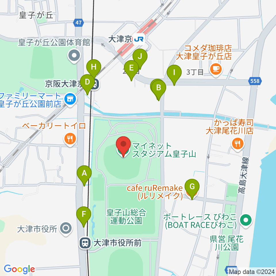 マイネットスタジアム皇子山周辺のファミレス・ファーストフード一覧地図