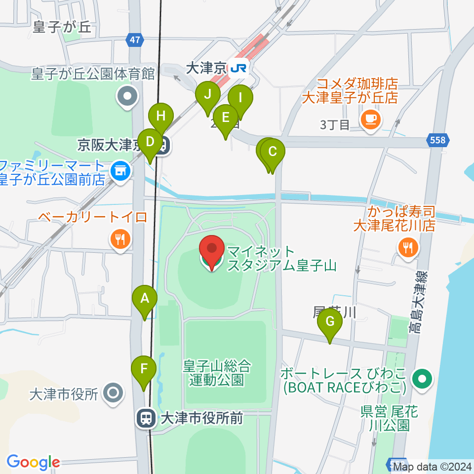 マイネットスタジアム皇子山周辺のファミレス・ファーストフード一覧地図