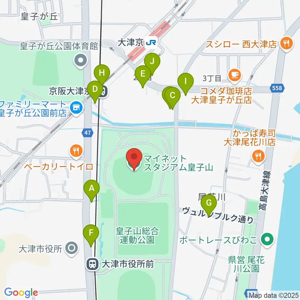 マイネットスタジアム皇子山周辺のファミレス・ファーストフード一覧地図