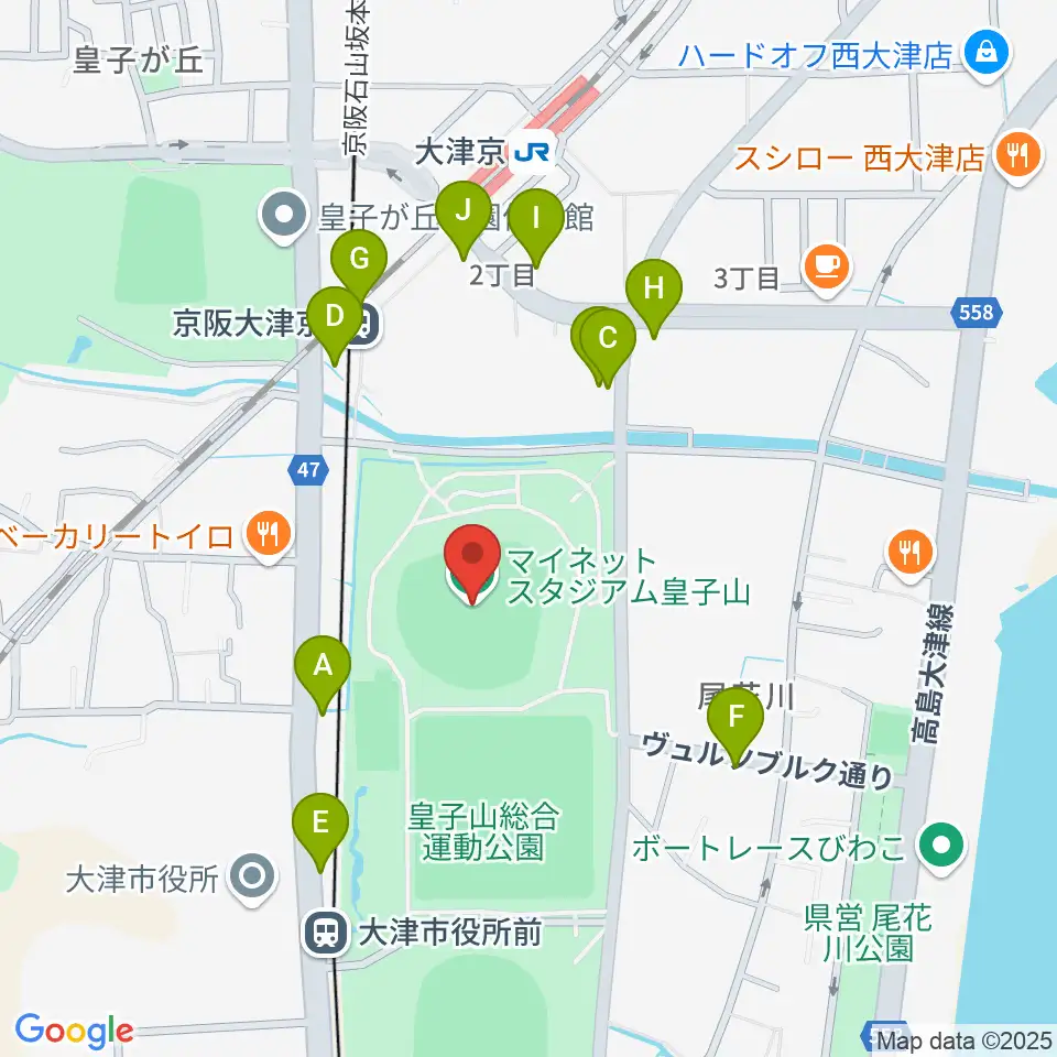 マイネットスタジアム皇子山周辺のファミレス・ファーストフード一覧地図