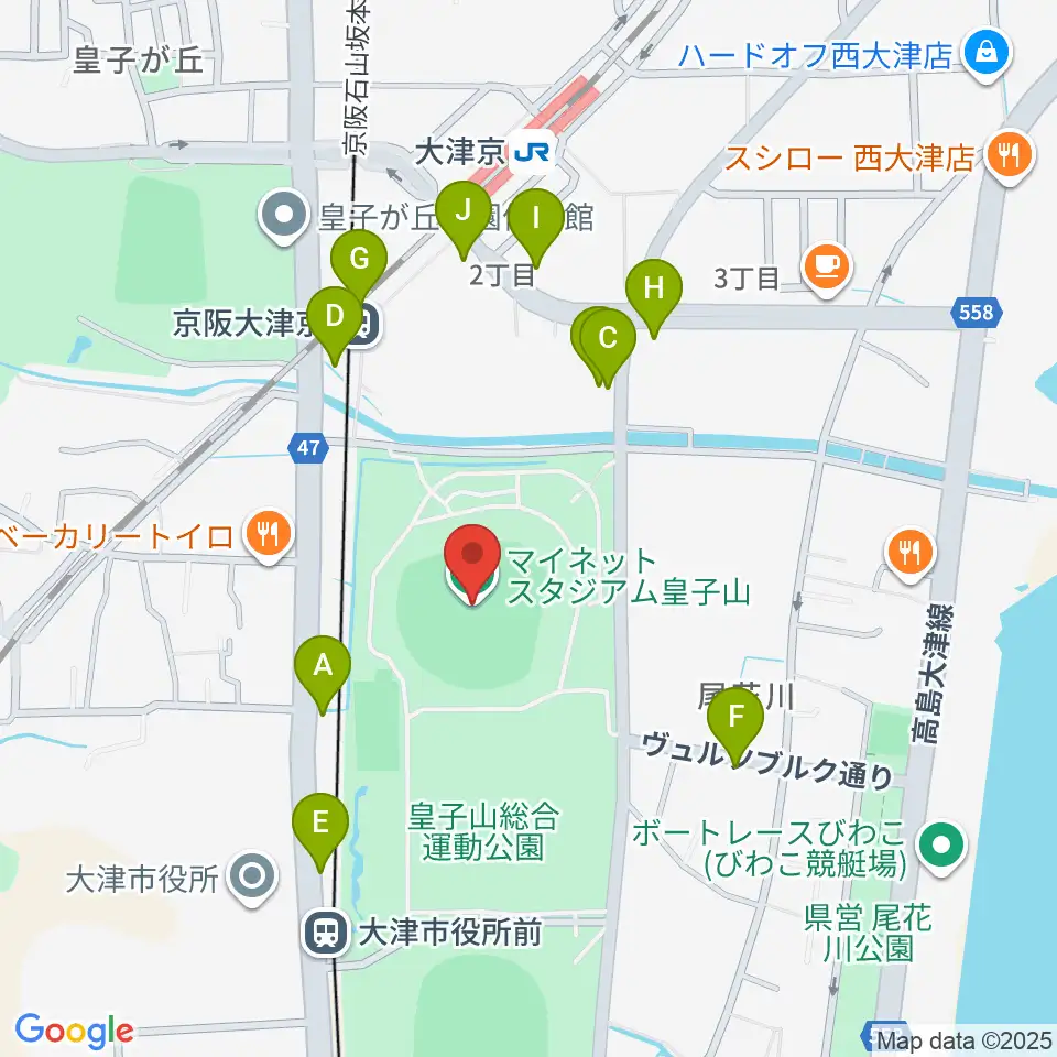マイネットスタジアム皇子山周辺のファミレス・ファーストフード一覧地図