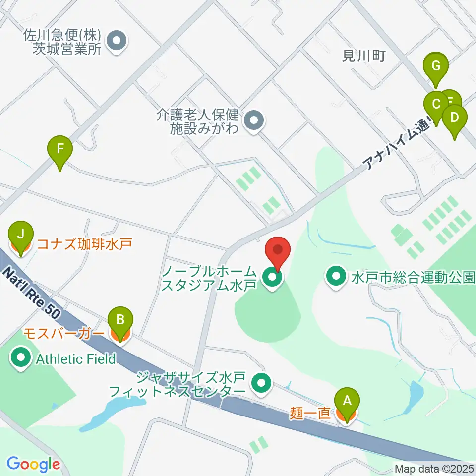 ノーブルホームスタジアム水戸周辺のファミレス・ファーストフード一覧地図