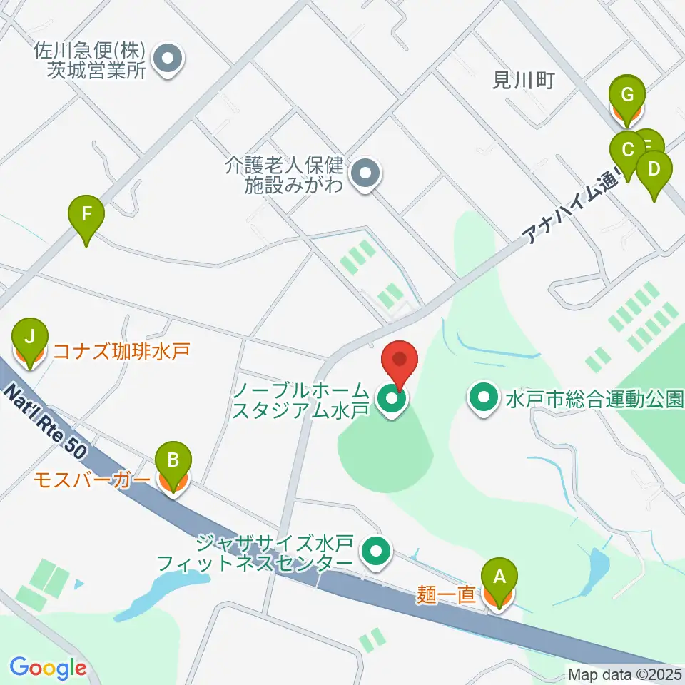 ノーブルホームスタジアム水戸周辺のファミレス・ファーストフード一覧地図