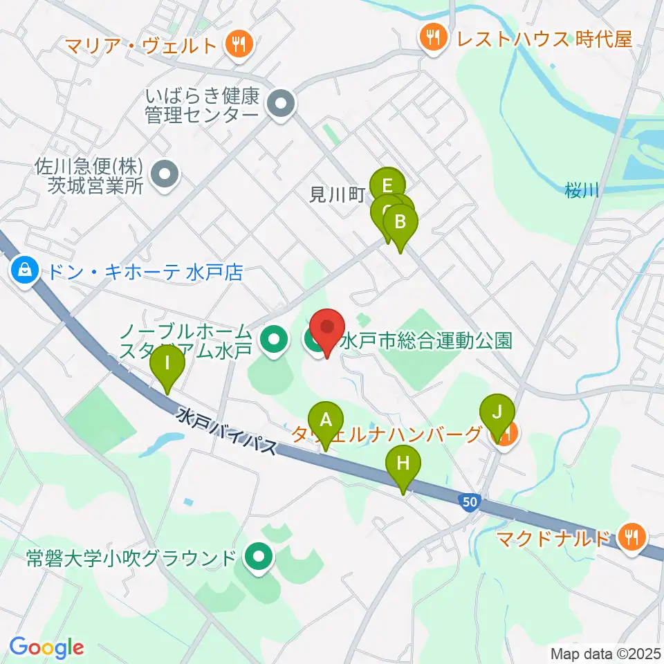 水戸市総合運動公園体育館周辺のファミレス・ファーストフード一覧地図