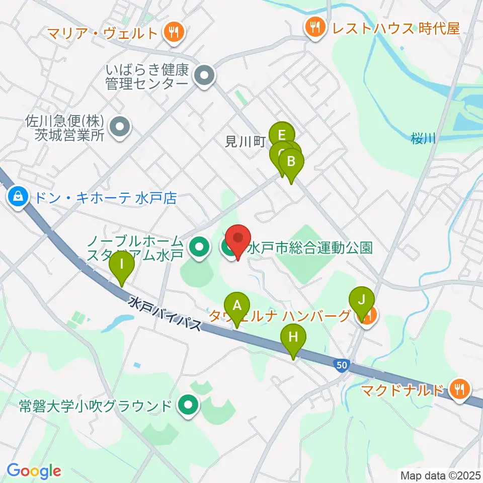水戸市総合運動公園体育館周辺のファミレス・ファーストフード一覧地図