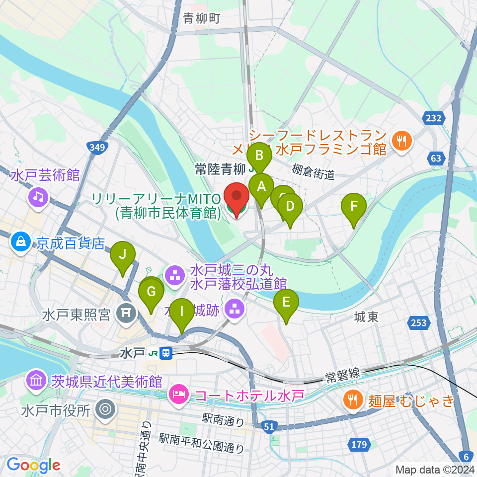 リリーアリーナMITO 青柳公園市民体育館周辺のファミレス・ファーストフード一覧地図