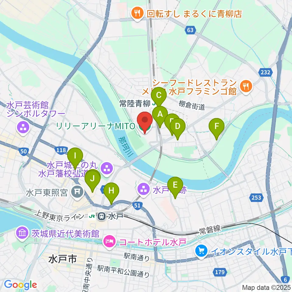 リリーアリーナMITO周辺のファミレス・ファーストフード一覧地図