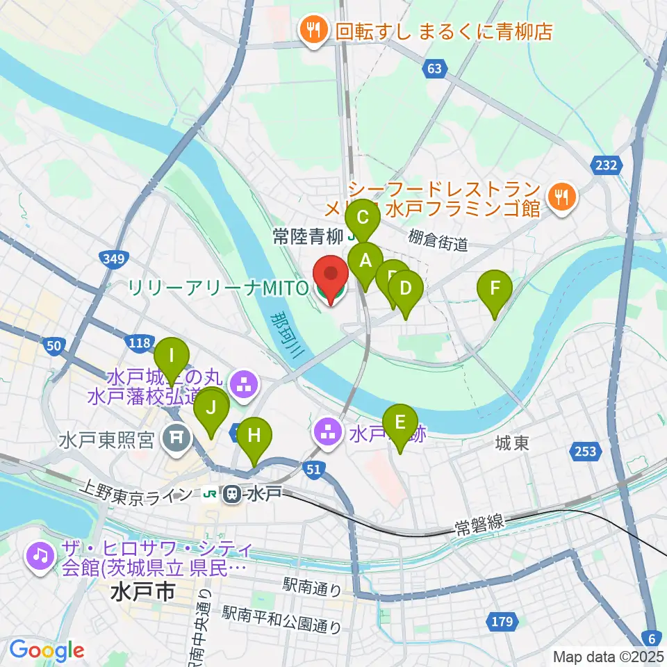 リリーアリーナMITO周辺のファミレス・ファーストフード一覧地図