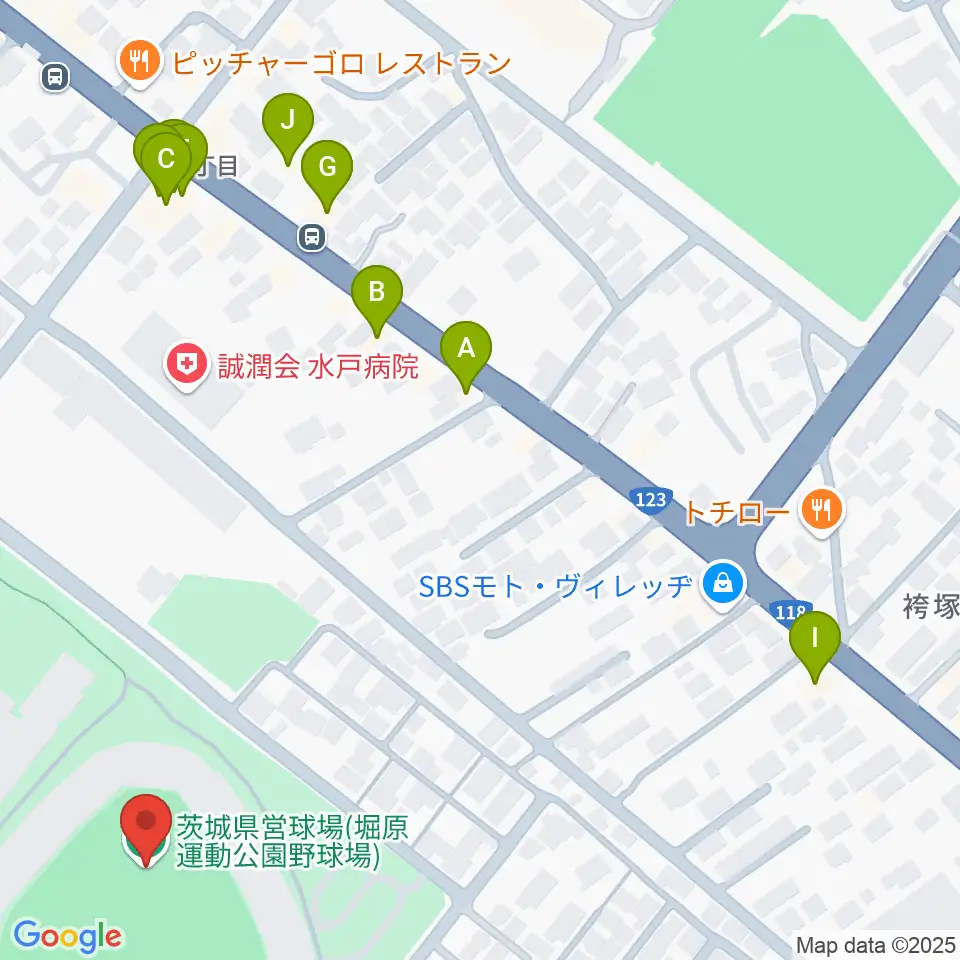 堀原運動公園野球場周辺のファミレス・ファーストフード一覧地図