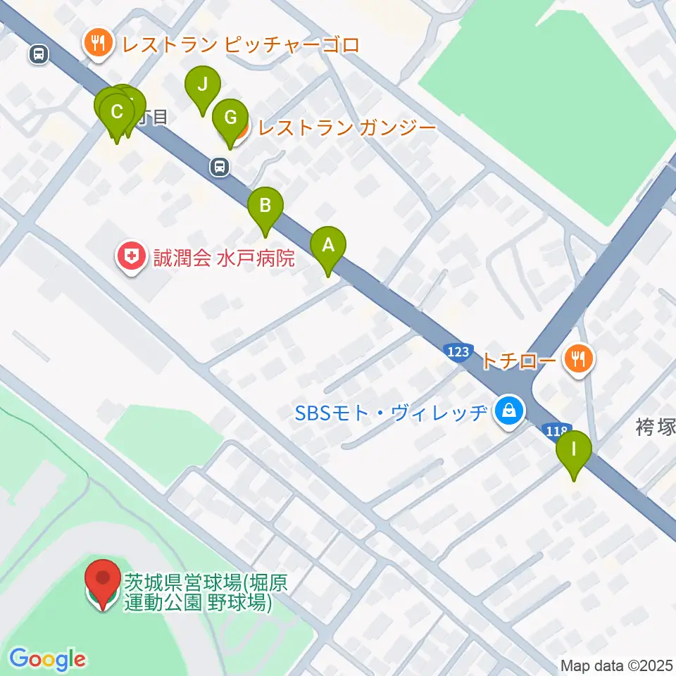 堀原運動公園野球場周辺のファミレス・ファーストフード一覧地図