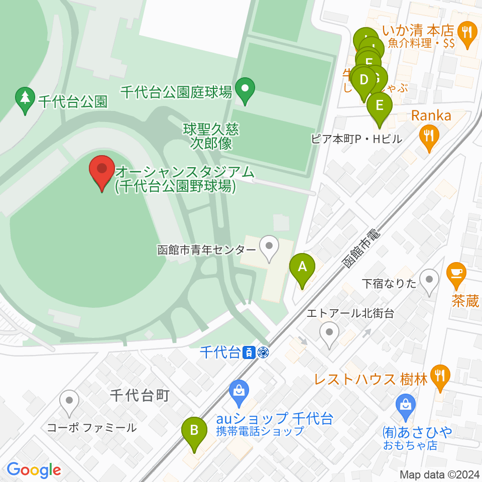 千代台公園野球場 オーシャンスタジアム周辺のファミレス・ファーストフード一覧地図