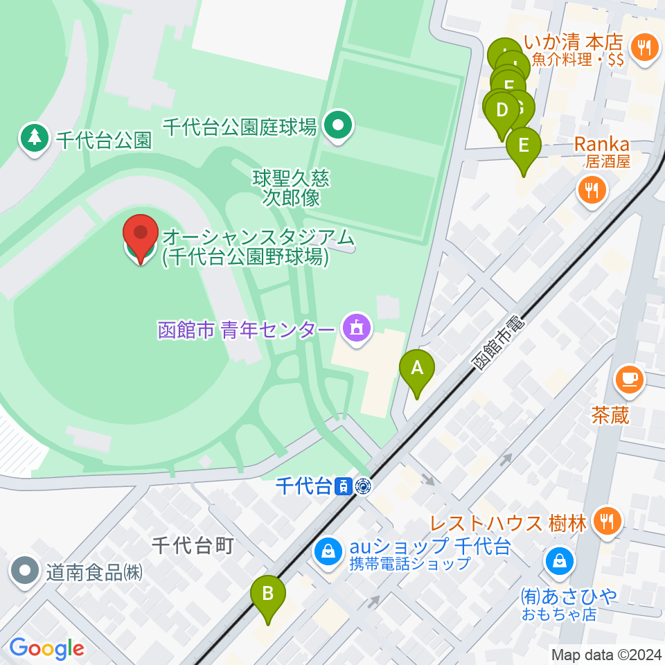 千代台公園野球場 オーシャンスタジアム周辺のファミレス・ファーストフード一覧地図