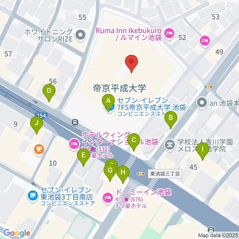 帝京平成大学冲永記念ホール周辺のファミレス・ファーストフード一覧地図