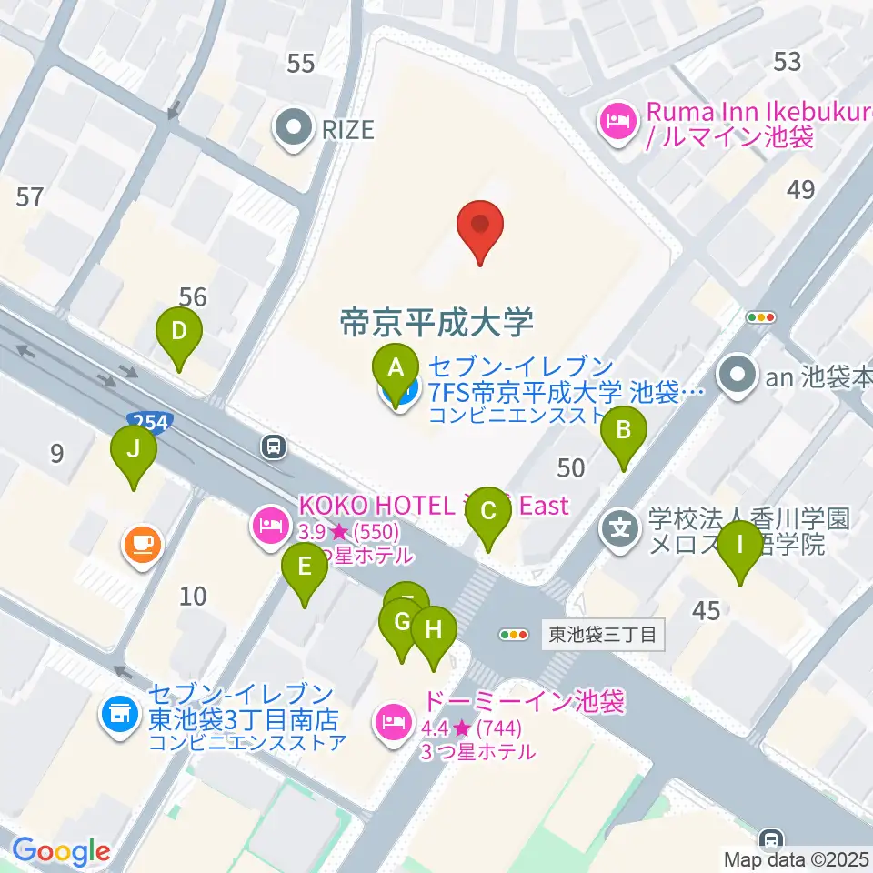 帝京平成大学冲永記念ホール周辺のファミレス・ファーストフード一覧地図