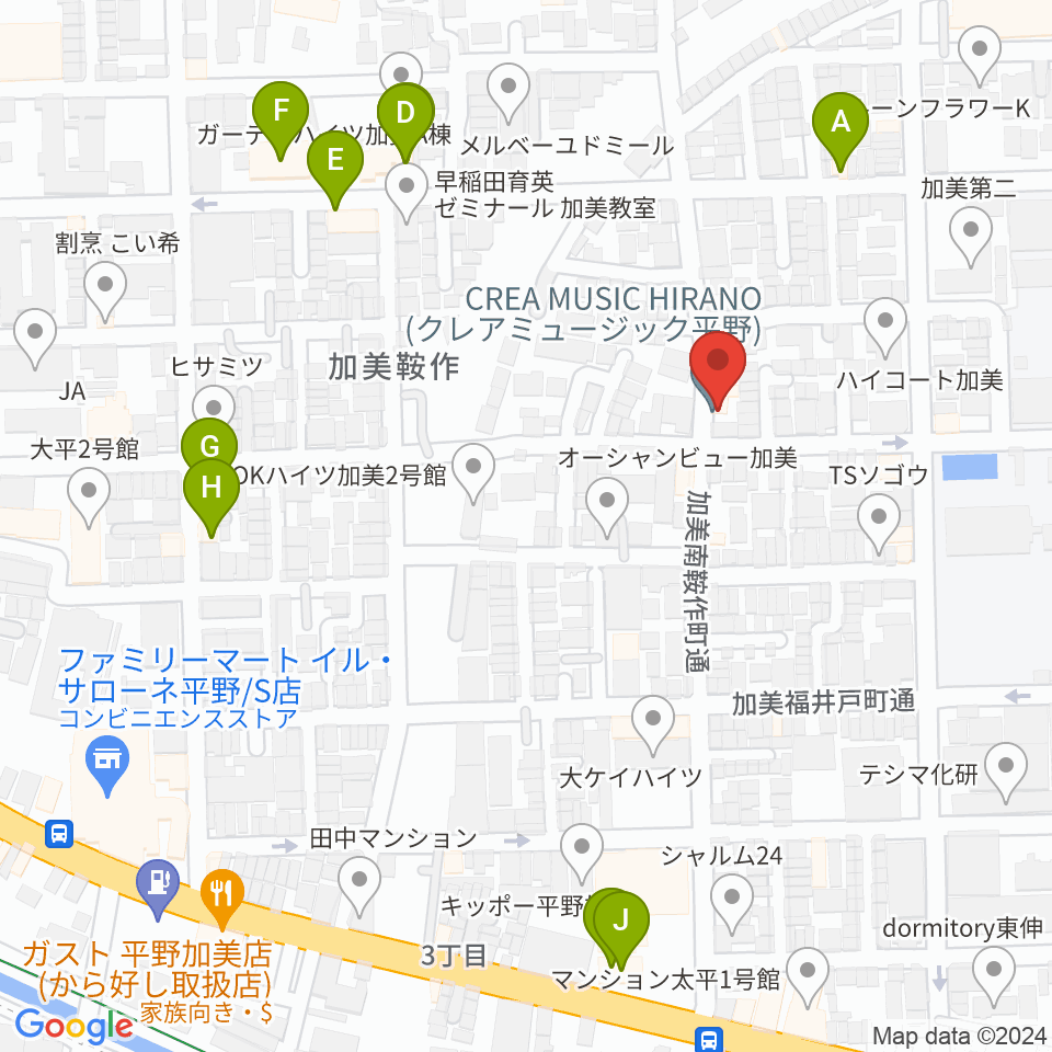 クレアミュージック平野周辺のファミレス・ファーストフード一覧地図