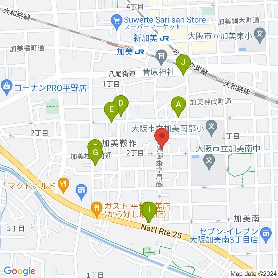 クレアミュージック平野周辺のファミレス・ファーストフード一覧地図