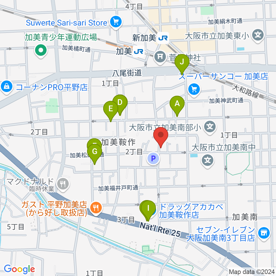 クレアミュージック平野周辺のファミレス・ファーストフード一覧地図