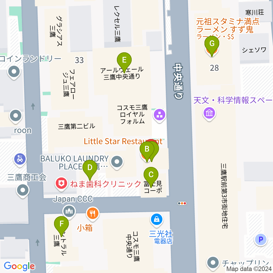 三鷹SCOOL周辺のファミレス・ファーストフード一覧地図