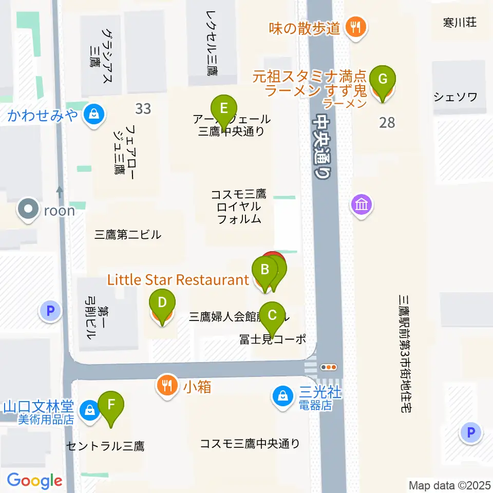 三鷹SCOOL周辺のファミレス・ファーストフード一覧地図