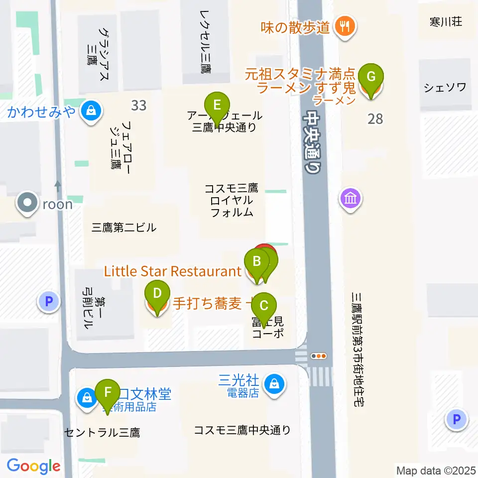 三鷹SCOOL周辺のファミレス・ファーストフード一覧地図