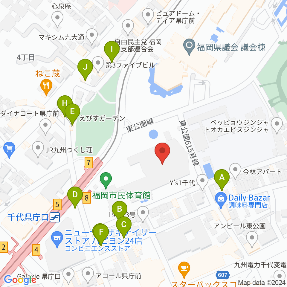 福岡市民体育館周辺のファミレス・ファーストフード一覧地図