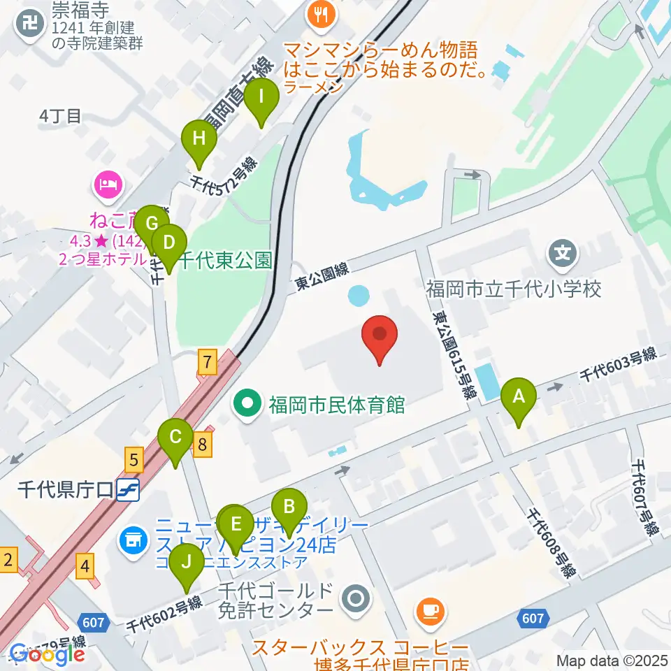 福岡市民体育館周辺のファミレス・ファーストフード一覧地図