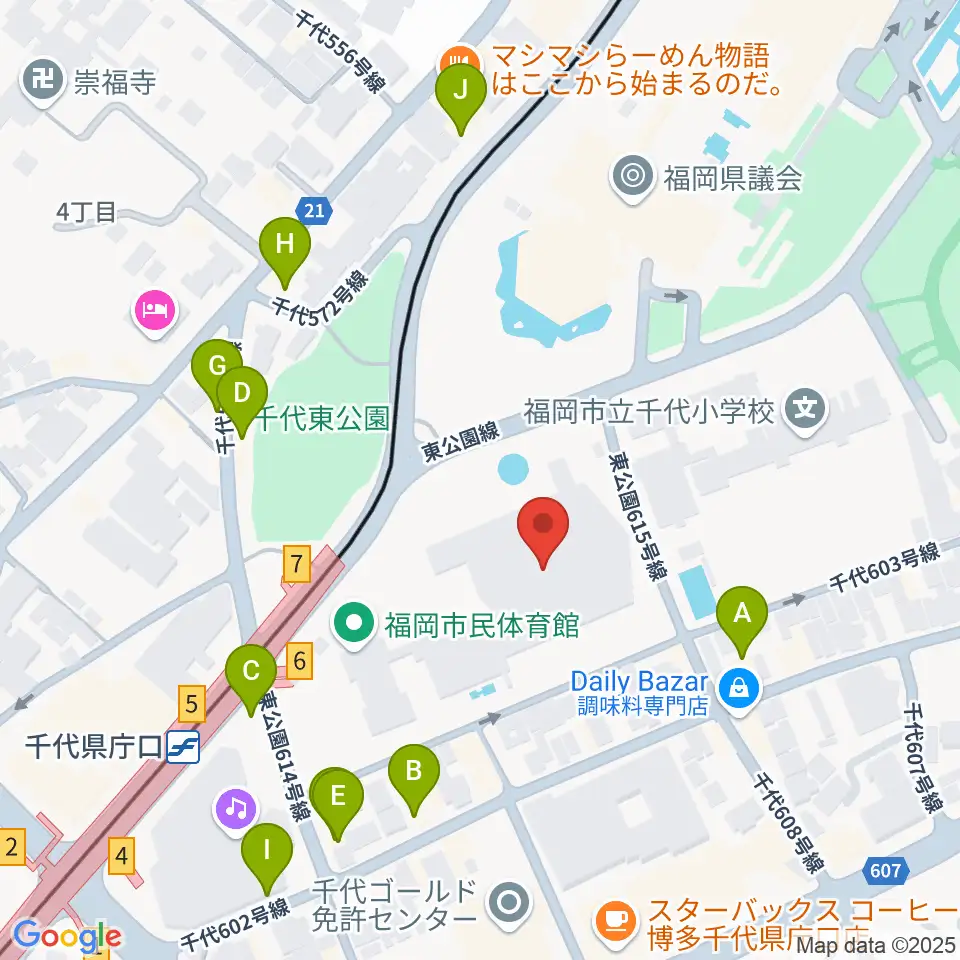 福岡市民体育館周辺のファミレス・ファーストフード一覧地図