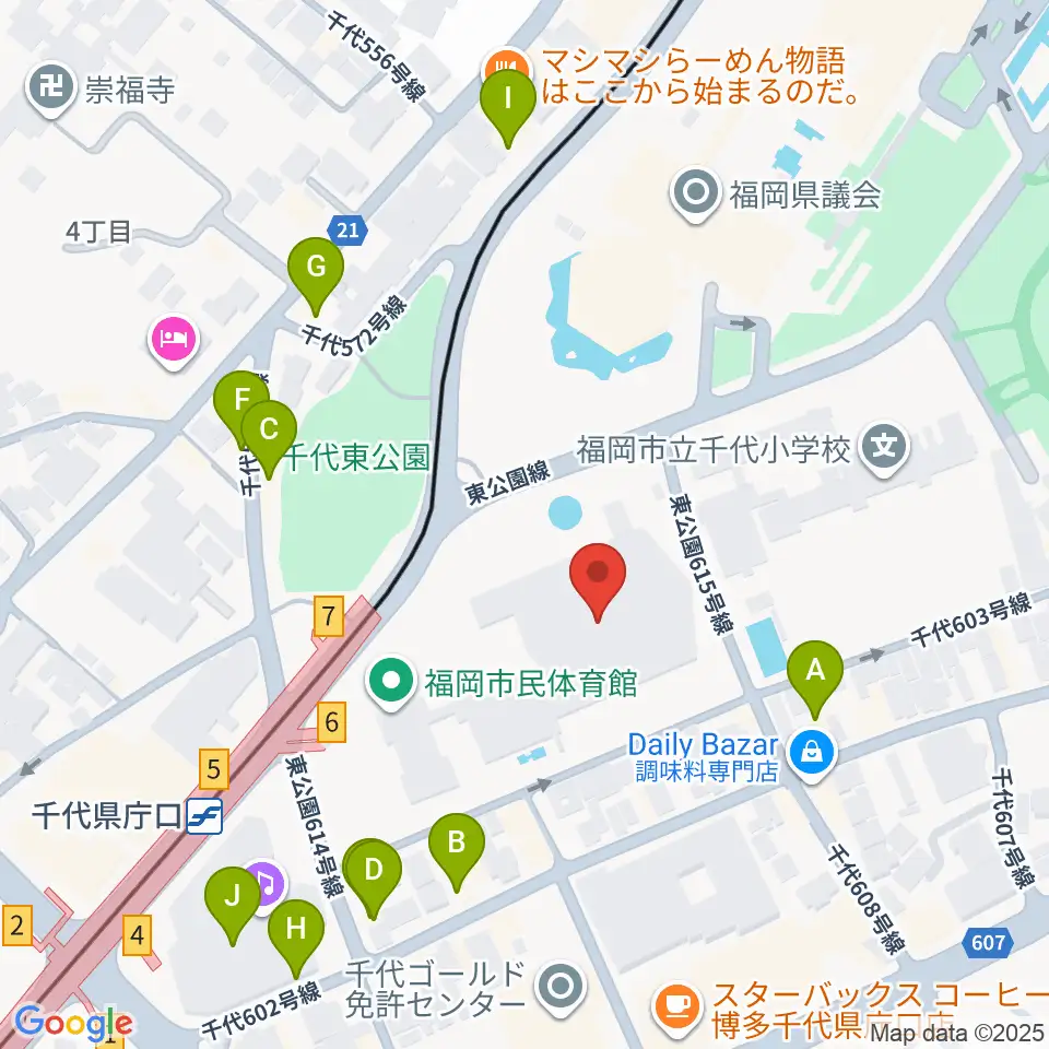 福岡市民体育館周辺のファミレス・ファーストフード一覧地図