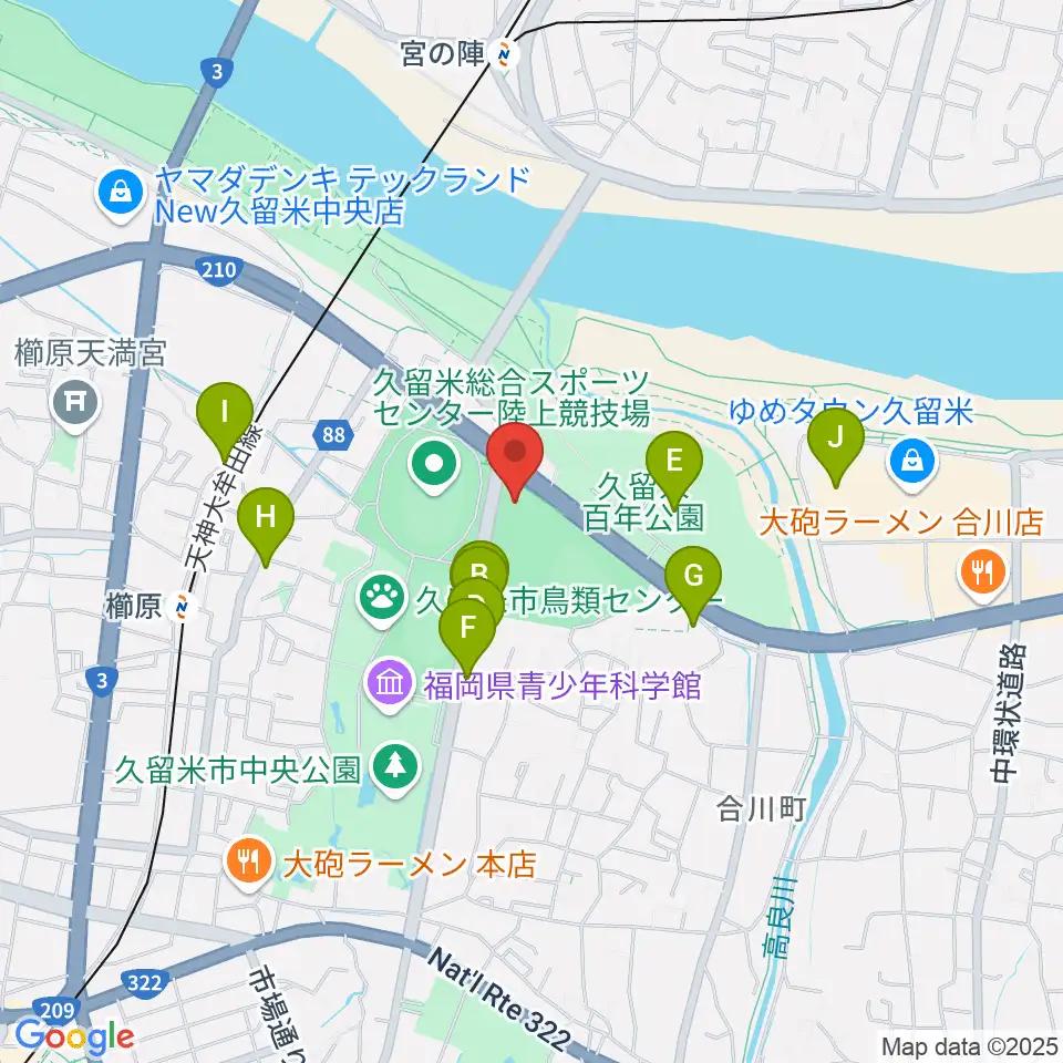 久留米アリーナ周辺のファミレス・ファーストフード一覧地図