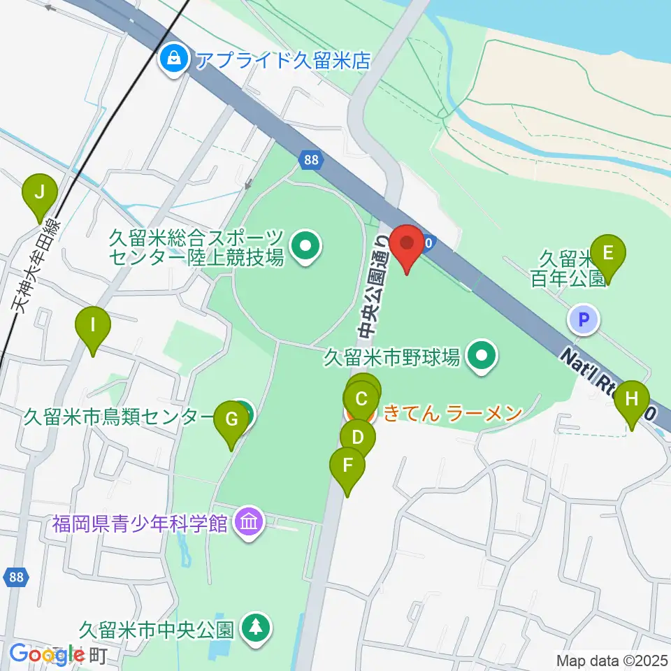 久留米アリーナ周辺のファミレス・ファーストフード一覧地図