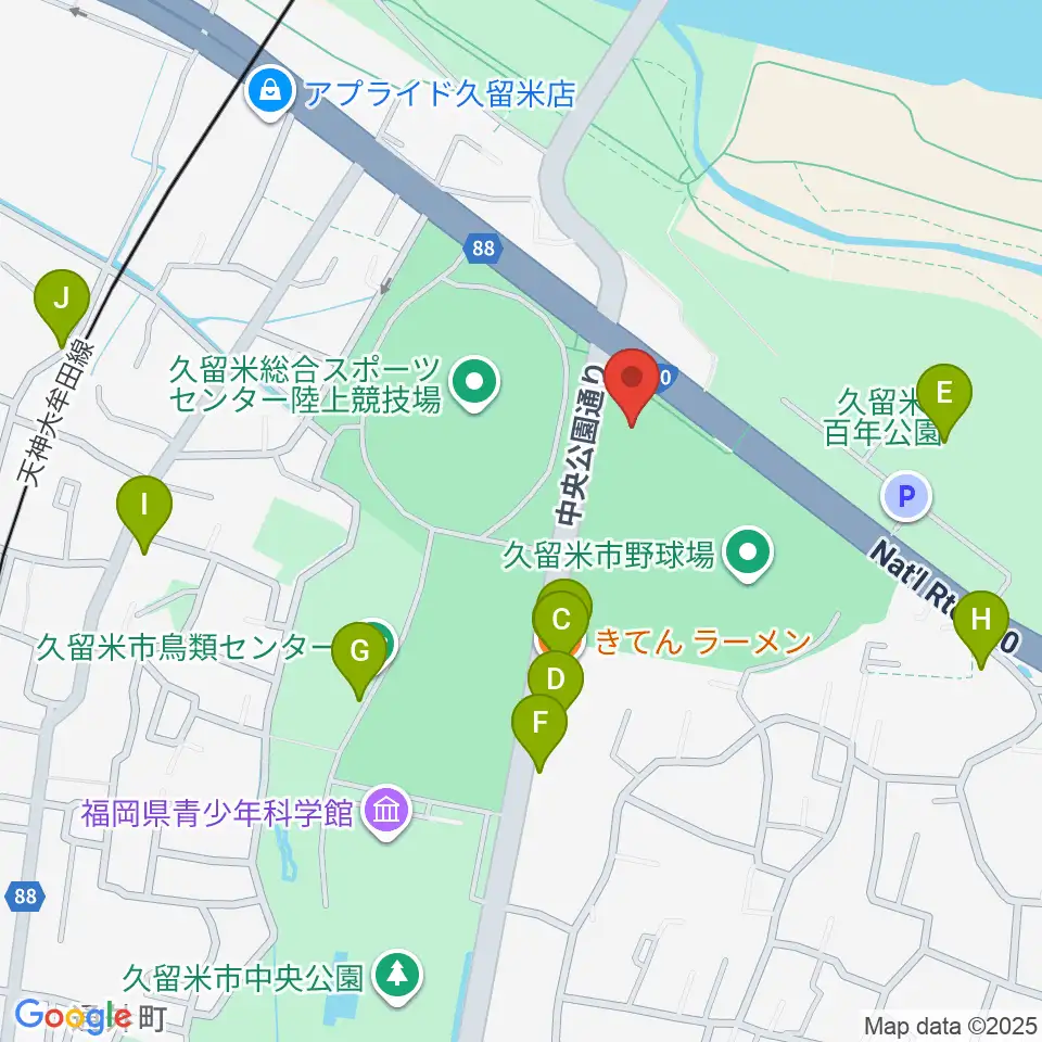 久留米アリーナ周辺のファミレス・ファーストフード一覧地図