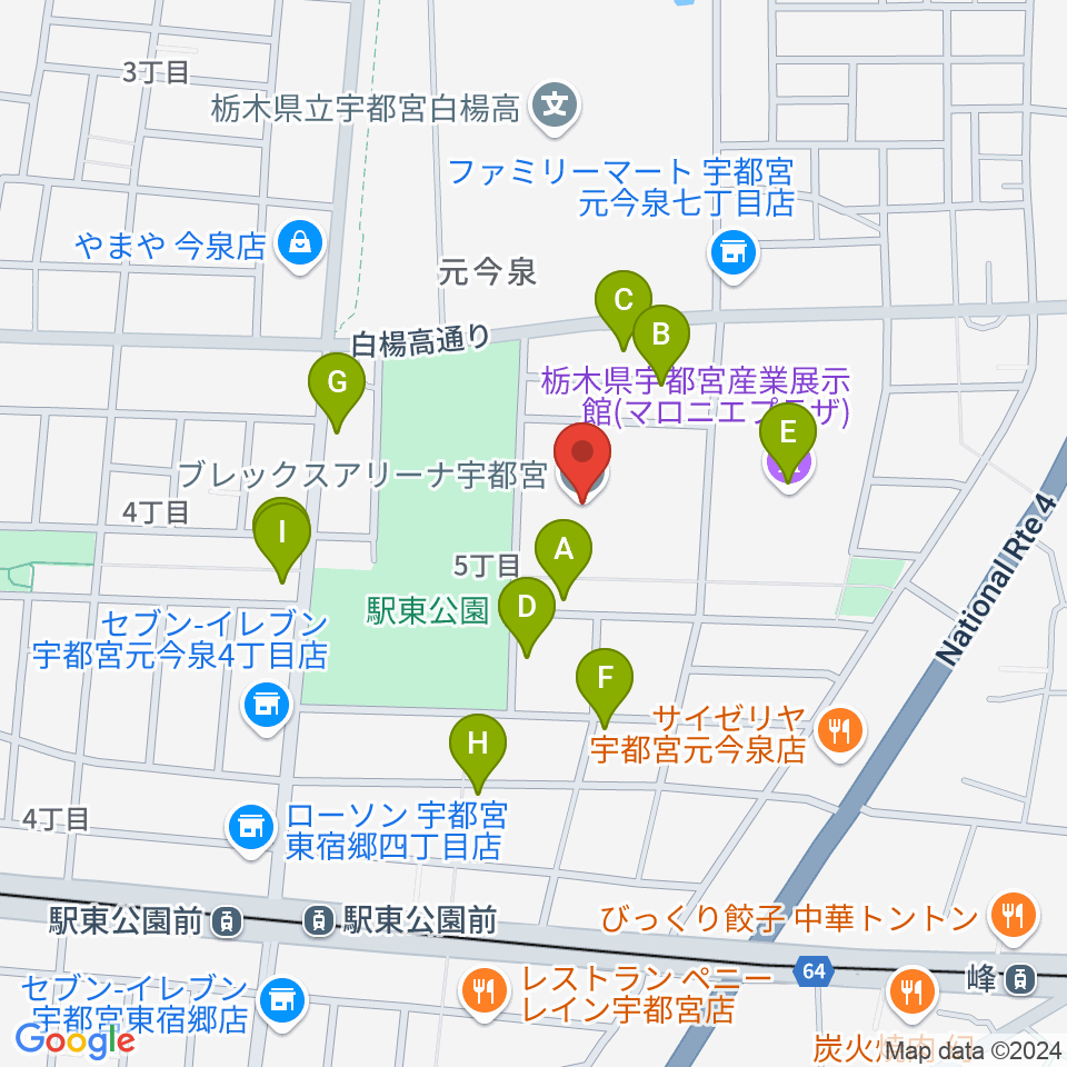 ブレックスアリーナ宇都宮周辺のファミレス・ファーストフード一覧地図