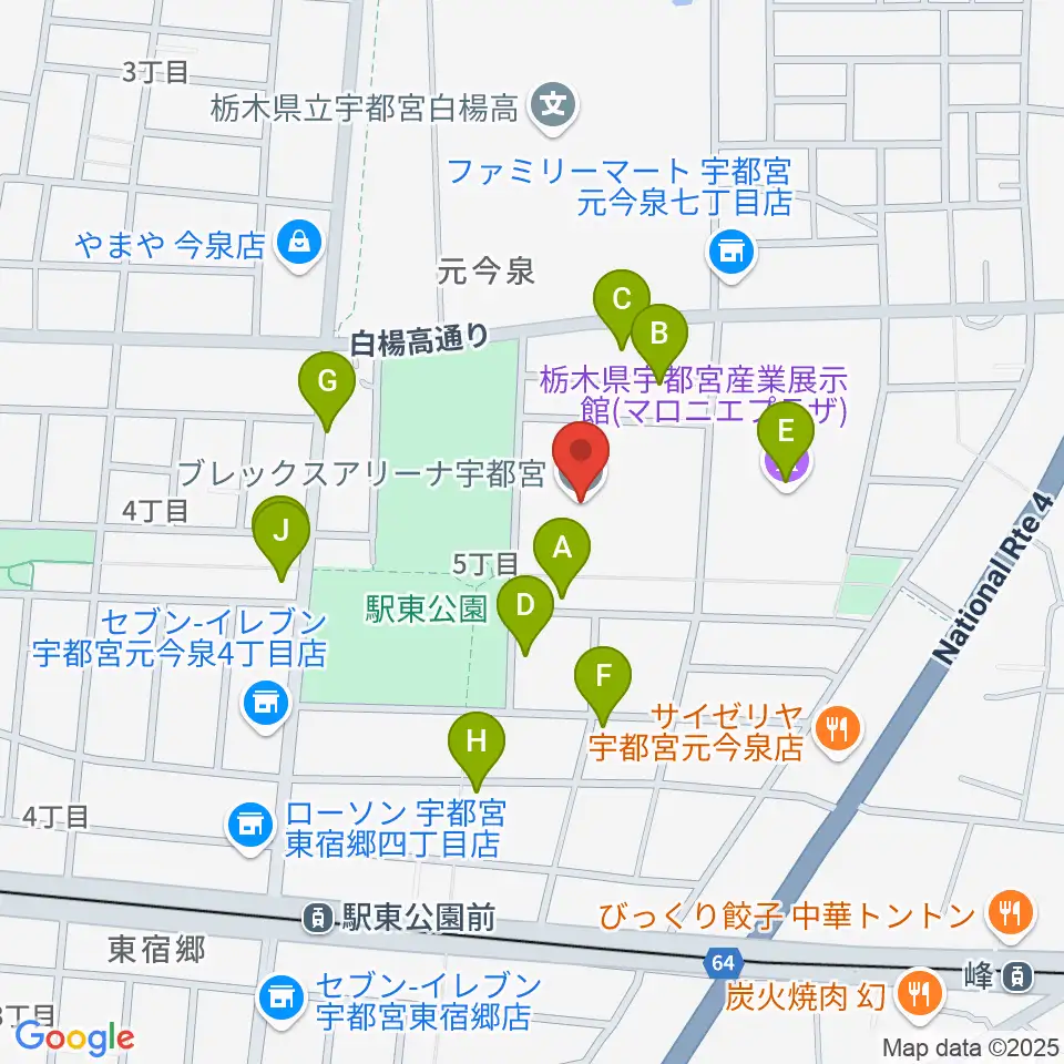 ブレックスアリーナ宇都宮周辺のファミレス・ファーストフード一覧地図